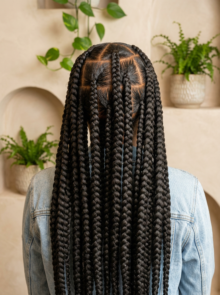 Large knotless braids styled with a smooth finish