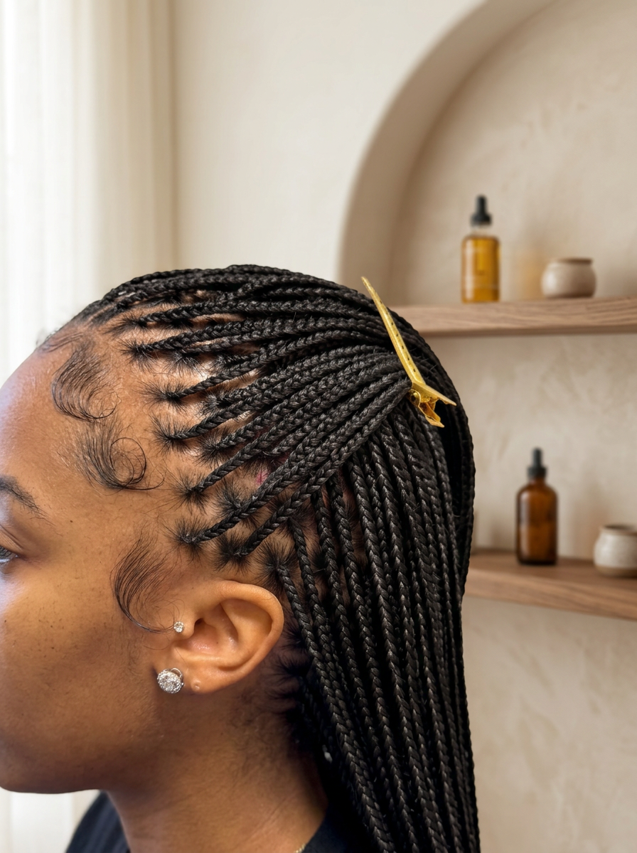 Small knotless braids with precise parting