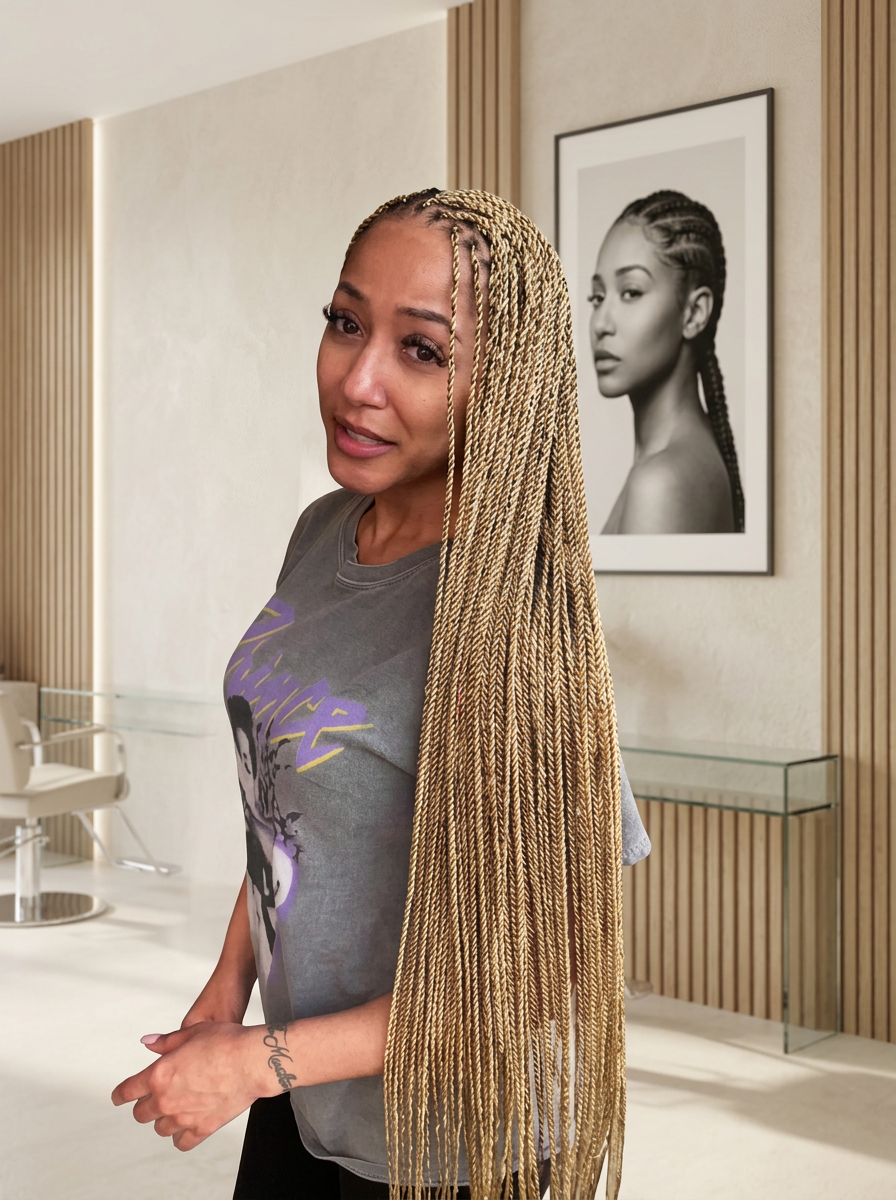 Long Senegalese twists styled by Braided Crown Clinic